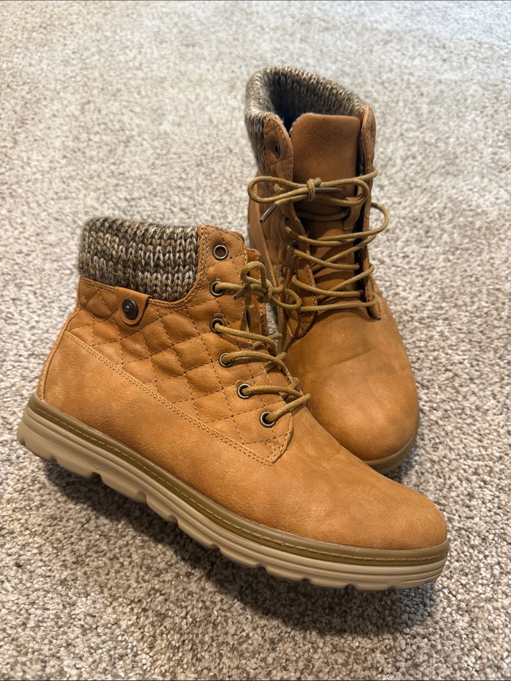 Global Win Quilted Lace-Up Ankle Boots in Tan with Knit Collar